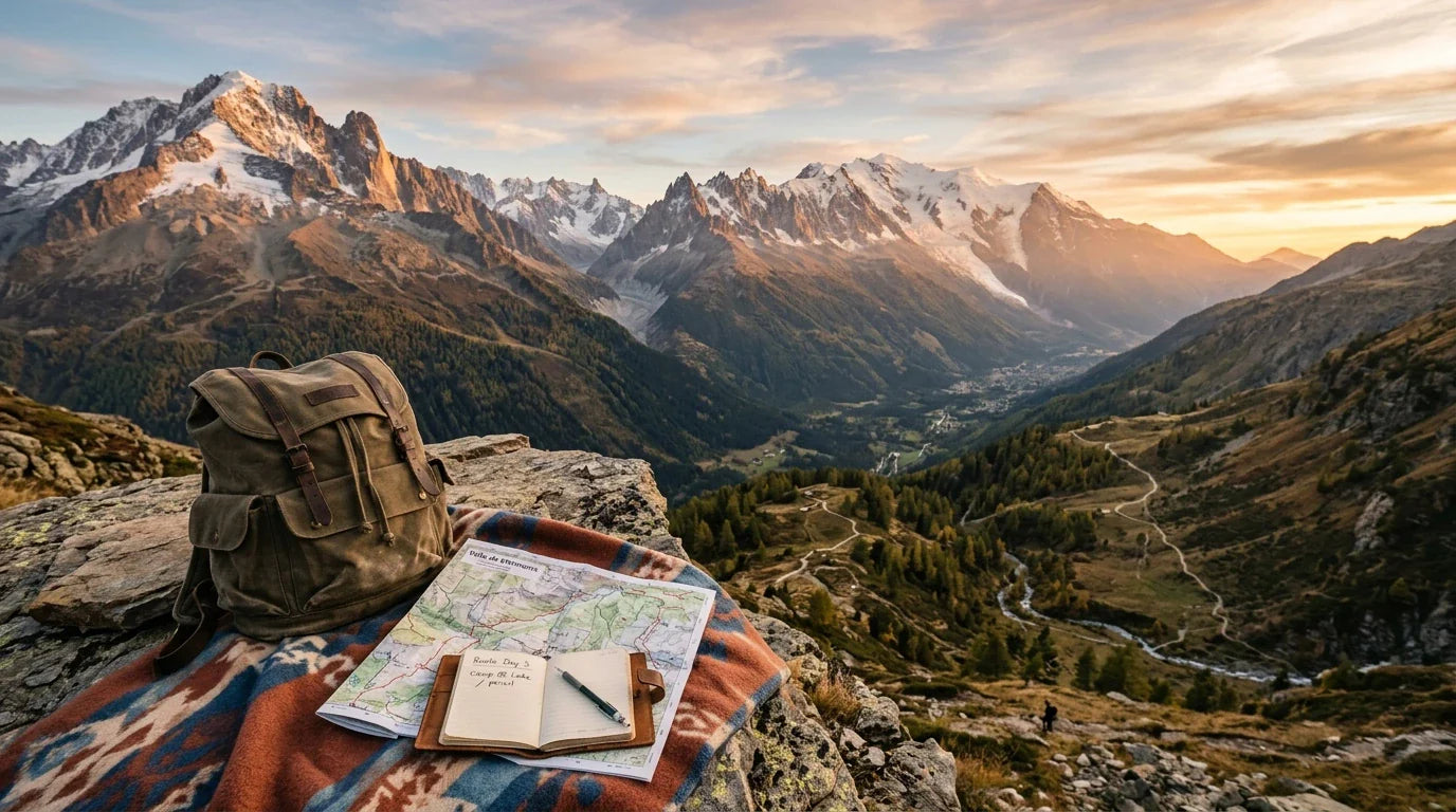 Vista amplia de una montaña al atardecer con un mapa y una libreta para planificar una escapada en plena naturaleza